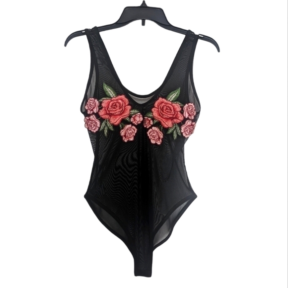 SHEER Black Bodysuit with Rose Embroidered Front - Picture 1 of 4